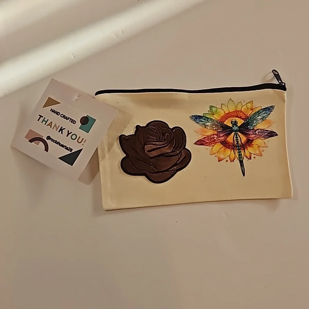 Hand Crafted makeup bag Canvas Pencil case Iron applique Handmade Travel purse